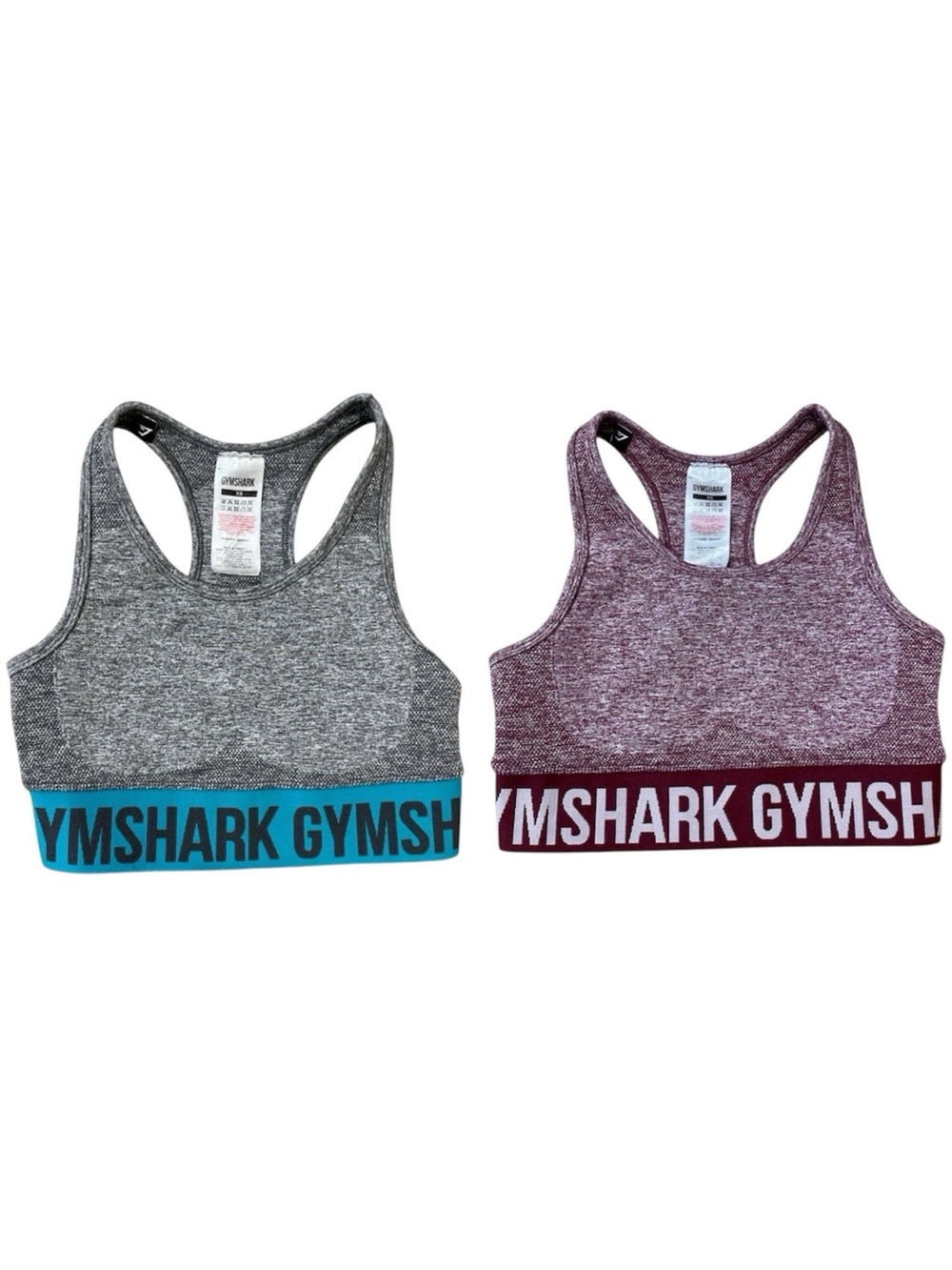 2 Gymshark Flex Sports Bras XS Seamless Logo Gray Purple Racerback Athletic